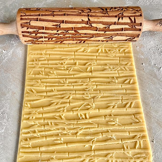 BAMBOO Embossed Rolling Pin for Ceramic. Clay Roller and Ceramic Stamp for Embossing Pottery. Baking Gifts for Women by Algis Crafts for Embossed Cookies