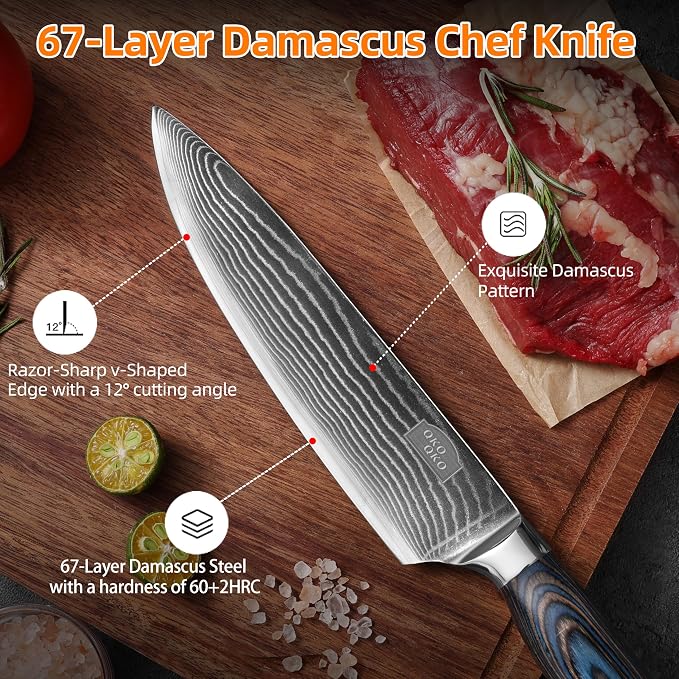 Damascus Chef Knife, 8-Inch Kitchen Knives with 9Cr18MoV Steel Core, Japanese Chef Knife with Durable Wood Handle - Professional Razor Sharp Cooking Chef Knife for Kitchen with Gift Box