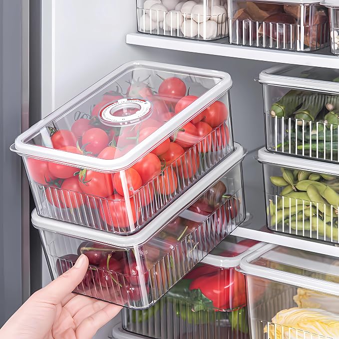Fridge Food Fruit Storage Container Bin with lid, Refrigerator food vegetable Organizer Fresh Keeper Container with timer lid Fruit Vegetables storage bin For fridge (0.9L+1.8L+3.4L)