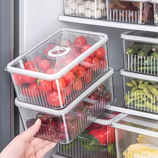 Fridge Food Fruit Storage Container Bin with lid, Refrigerator food vegetable Organizer Fresh Keeper Container with timer lid Fruit Vegetables storage bin For fridge (0.9L+1.8L+3.4L)