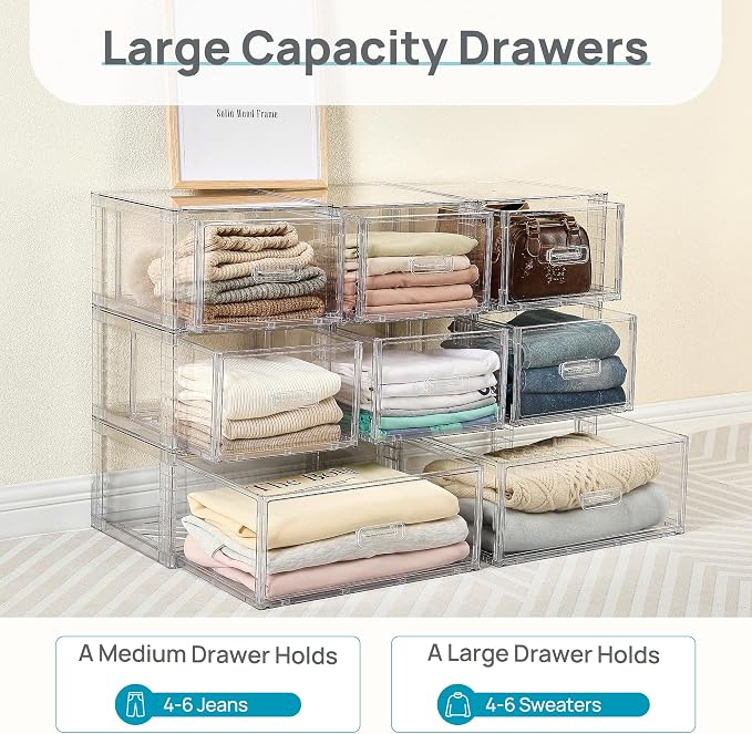 Vtopmart 4 Pack Clear Stackable Storage Drawers 15QT, Easily Assemble Closet Organizers,Plastic Storage Bins for Bathroom,Cabinet,Kitchen Pantry,Under Sink Organization(Medium)