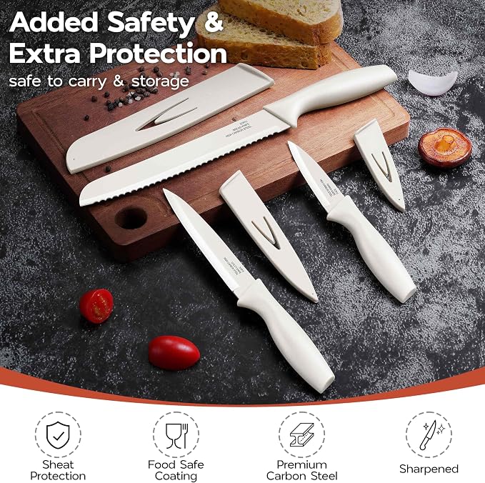 Onader 12 Pieces Knife Set with Covers, Stainless Steel Small Kitchen Knives Set, Cream White