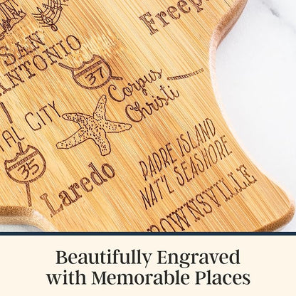 Totally Bamboo Destination Texas State Shaped Bamboo Cutting Board, Charcuterie and Serving Board for Kitchen with Hang Tie for Wall Display