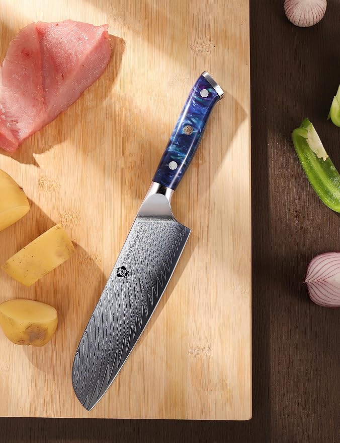 WILDMOK Santoku Knife, 7 Inch kitchen knife, Japanese Damascus Forged Steel Multifunction Kitchen Knives & Resin Handle, Sharp Damascus Kitchen Knife