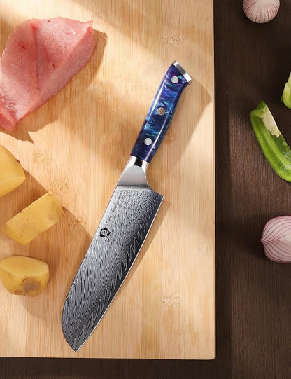WILDMOK Santoku Knife, 7 Inch kitchen knife, Japanese Damascus Forged Steel Multifunction Kitchen Knives & Resin Handle, Sharp Damascus Kitchen Knife