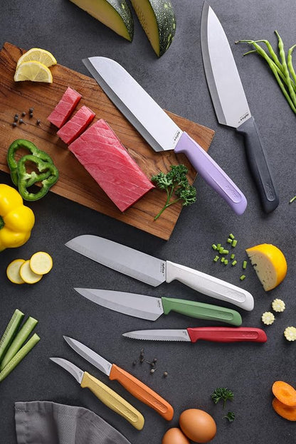 Zyliss Classic 3 Piece Peeling & Paring Knife Set with Straight, Serrated & Curved Blades, Stainless Steel 15° Edge, Ergonomic Wheat Straw Handles, Blade Covers