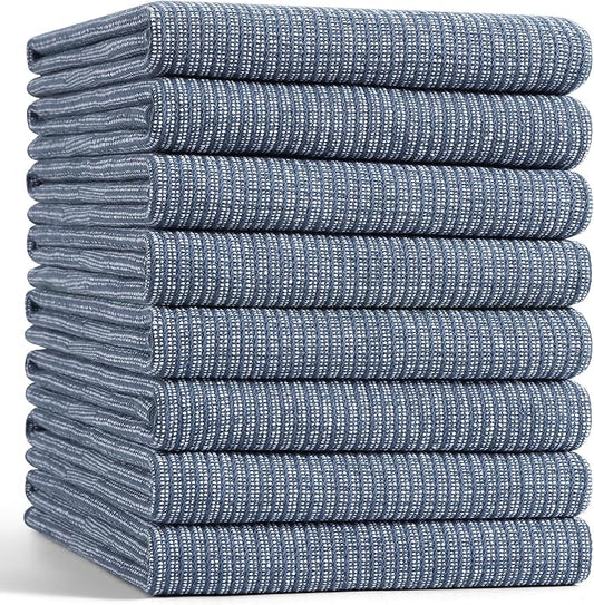 Mordimy Premium Kitchen Towels 8 Pack (18 x 28 Inches, Navy Blue), Large Cotton Kitchen Hand Towel, Flat & Terry Dish Towels for Drying Dishes, Super Absorbent Tea Dishtowels Set with Hanging Loop