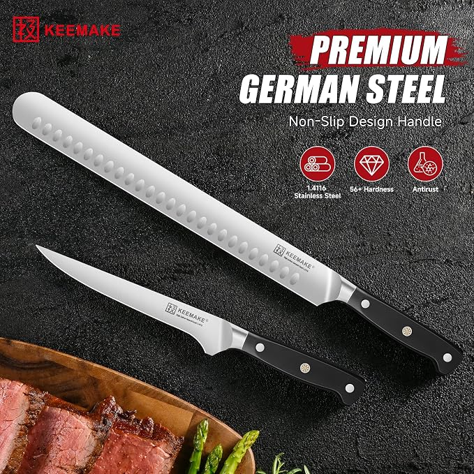 KEEMAKE Carving Knife Set with Sharpener, German High Carbon Steel, Ergonomic Full Tang Handle, Slicing & Boning Kitchen Knives for Meat Turkey BBQ and Brisket