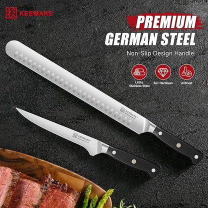 KEEMAKE Carving Knife Set with Sharpener, German High Carbon Steel, Ergonomic Full Tang Handle, Slicing & Boning Kitchen Knives for Meat Turkey BBQ and Brisket