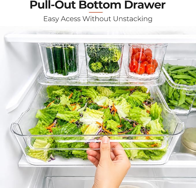 SMRCAD Refrigerator Organizers and Storage, 8 Pack with 1 Pull-Out Drawer and 7 Lidded Bins, Fruit Storage Containers for Fridge with Drain Trays, Helps Keep Produce Fresh