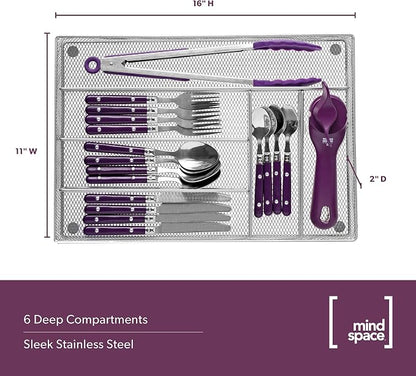 Mindspace Cutlery Organizer Silverware Tray with 6 Compartments | Kitchen Utensil Drawer Organizer | Silverware Tray for Drawer | The Mesh Collection, Silver