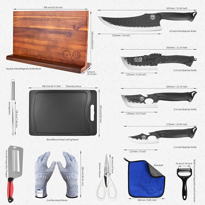 XYJ Kitchen Knife Block Set, High Carbon Steel Blades, Chef Knives Set with Knife Holder, Sharpening Stick, Scissors, Cutting Board, Gloves, Boning Slicing Knives, Ergonomic Handle