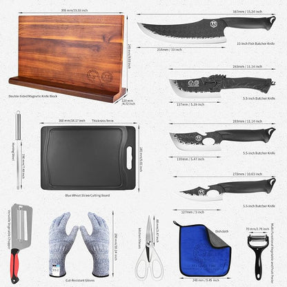 XYJ Kitchen Knife Block Set, High Carbon Steel Blades, Chef Knives Set with Knife Holder, Sharpening Stick, Scissors, Cutting Board, Gloves, Boning Slicing Knives, Ergonomic Handle