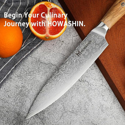 3PCS Chef Knife Set, Sharp High Carbon Stainless Steel Forged Blade Professional Kitchen Knives Set with Ergonomic Olive Wood Handle,Damascus Knives Set for kitchen with Gift Box