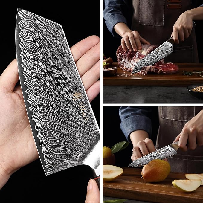 Wakoli Culinary Asia Damascus 4-Piece Knife Block Set with Magnetic Block – Professional Kitchen Knives made of 67-Layer Damascus Steel Blades & VG10 Core – Ergonomic Dark Oak Wood Handles in Gift Box