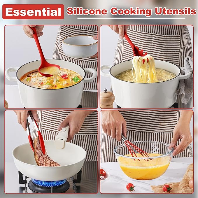 LIANYU 14 Pcs Cooking Utensils Set with Holder, Heat Resistant Silicone Kitchen Cookware Utensils Set, Kitchen Cooking Tools Includes Spatula Spoon Turner Whisk Tong, Dishwasher safe, Red