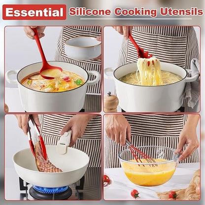 LIANYU 14 Pcs Cooking Utensils Set with Holder, Heat Resistant Silicone Kitchen Cookware Utensils Set, Kitchen Cooking Tools Includes Spatula Spoon Turner Whisk Tong, Dishwasher safe, Red