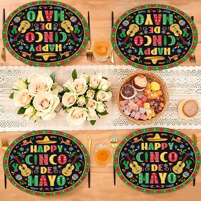 50Pcs Cinco De Mayo Oval Paper Plates 10" x 12" Large Disposable Heavy Duty Mexican Fiesta Paper Platters Black Mexico Taco Fiesta Dessert Plates for Mexican Cinco De Mayo Festive Party Supplies