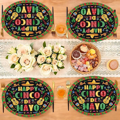 50Pcs Cinco De Mayo Oval Paper Plates 10" x 12" Large Disposable Heavy Duty Mexican Fiesta Paper Platters Black Mexico Taco Fiesta Dessert Plates for Mexican Cinco De Mayo Festive Party Supplies