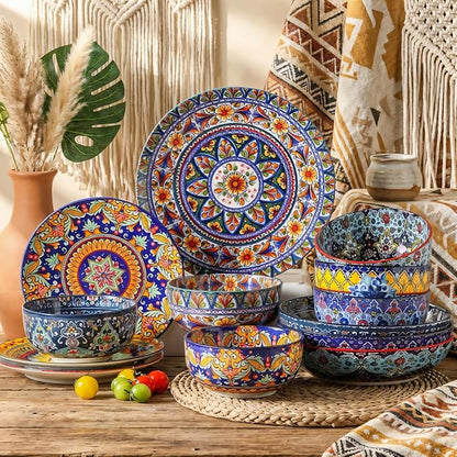 glowworm Pasta Bowls Set of 4, 42 oz Ceramic Salad Bowls for Kitchen, 9.7 Inch Colorful Serving Bowls for Soup, Dinner, Fruit, Dishwasher & Microwave Safe, Bohemian