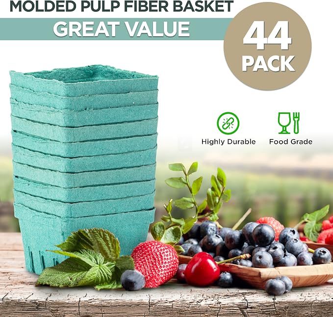FMP Brands 44 Pack Pint Green Molded Pulp Fiber Berry Basket Produce Vented Container for Fruit and Vegetable, Farmer Market, Grocery Stores and Backyard Party