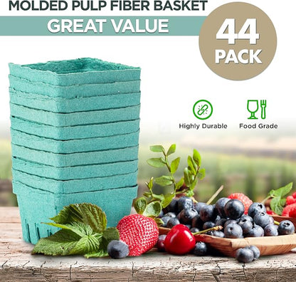 FMP Brands 44 Pack Pint Green Molded Pulp Fiber Berry Basket Produce Vented Container for Fruit and Vegetable, Farmer Market, Grocery Stores and Backyard Party
