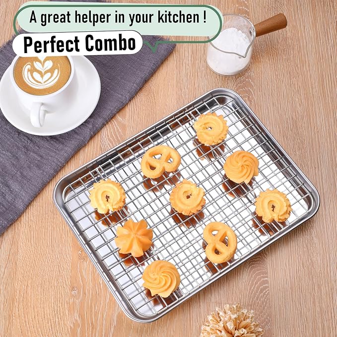 Homikit Cookie Sheet with Rack (1 Pan+1 Rack), 10 x 8 Inch Stainless Steel Small Baking Sheet with Wire Rack Set for Baking Roasting Cooling, Toaster Oven Pan Bacon Tray, Non-Toxic & Dishwasher Safe