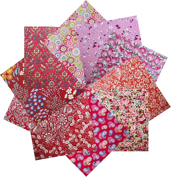 HANPATQUI 50PCS 5 x 5 inch 100% Cotton Fat Quarters Fabric for Sewing and Quilting Bundles Precut Fabric Square for DIY Craft Patchwork-Red Printed