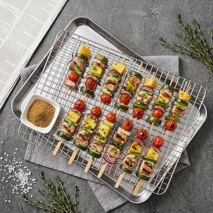 Homikit Half Baking Sheet with Wire Rack (1 Pan+1 Rack), 18" x 13" Stainless Steel Cookie Sheet Pan with Grid Cooling Rack Set for Baking, Large Bacon Tray for Oven Cooking Roasting, Dishwasher Safe