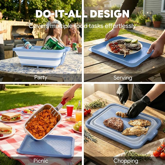 Feasto Collapsible BBQ Prep Tubs with Cutting Board, 9-IN-1, 2 Tubs Portable Grill Prep Station with Side Brackets, Lids, Knives, Meat Claws and Drain Rack, Space-Saving for Kitchen & Camping, Blue
