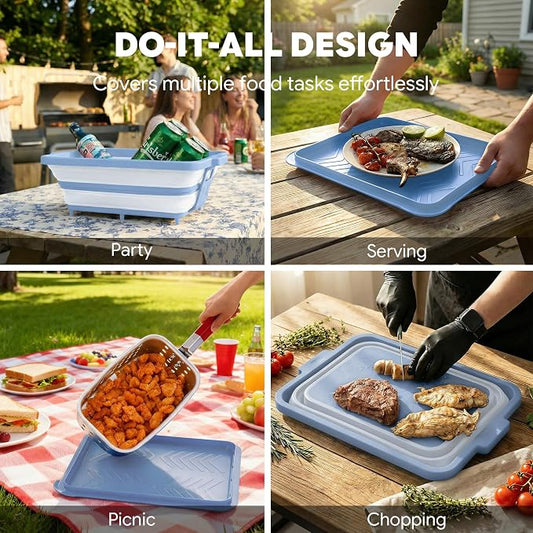 Feasto Collapsible BBQ Prep Tubs with Cutting Board, 9-IN-1, 2 Tubs Portable Grill Prep Station with Side Brackets, Lids, Knives, Meat Claws and Drain Rack, Space-Saving for Kitchen & Camping, Blue