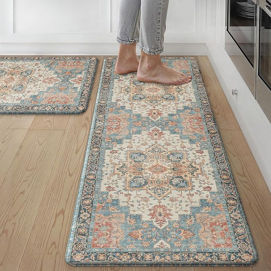GENIMO Kitchen Mats for Floor 2PCs, Washable Anti Fatigue Mat for Cushioned, 17.3"x47"+17.3"x30", Waterproof Kitchen Rugs, Non Slip Comfort Standing Mat Rug for Home, Sink, Laundry, Blue&Salmon