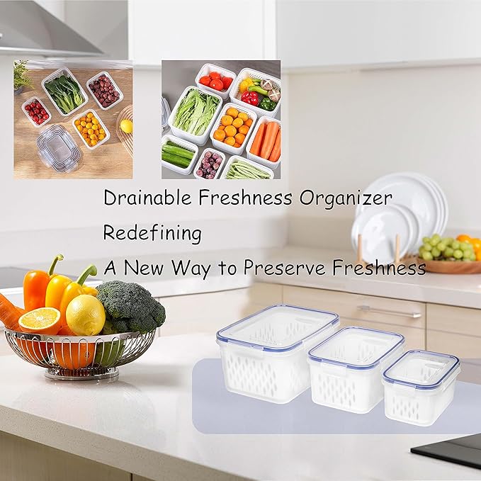 Fruit and Vegetable Storage Containers for Fridge, 6 Pcs/3 Sets Keep Fresh Produce Saver Containers Keeper, Food Storage Containers with Removable Colander (blue)