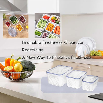 Fruit and Vegetable Storage Containers for Fridge, 6 Pcs/3 Sets Keep Fresh Produce Saver Containers Keeper, Food Storage Containers with Removable Colander (blue)