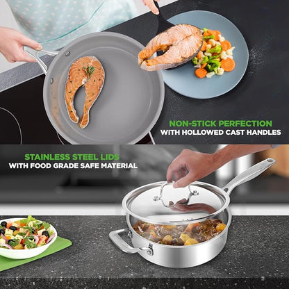 NutriChef Kitchenware Pots & Pans Set - 12 Piece, Clad Kitchen Cookware Set w/Steel Handles, Fry Pan Interior Coated w/ Ceramic Non-Stick Coating, Stylish Kitchen Cookware - NCSSX45