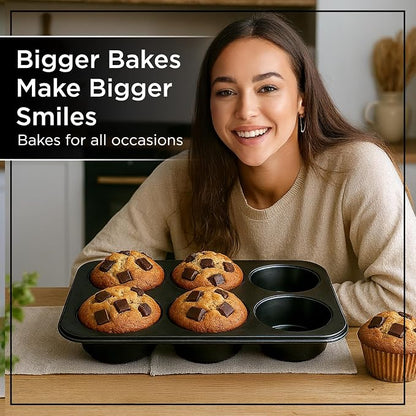 Wrenbury Jumbo Muffin Pan 6 Cup Set of 2 - Nonstick XL Deep Muffin Pan for Baking 3.75" Cup - Big Cup Tin - Oversized Extra Large Cupcake Mold - PTFE Free