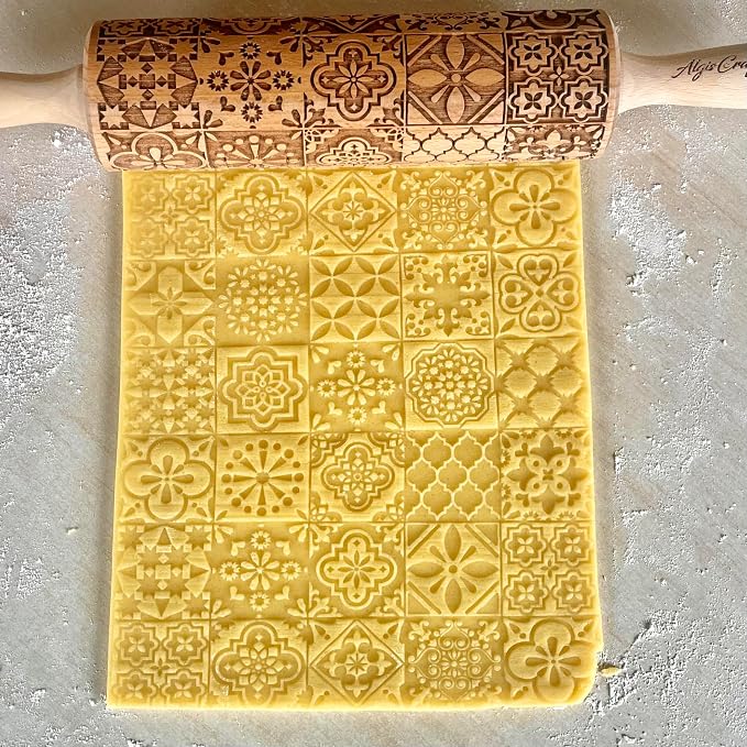 PORTUGUESE TILES Embossed Rolling Pin for Ceramic. Clay Roller and Ceramic Stamp for Embossing Pottery. Baking Gifts for Women by Algis Crafts for Embossed Cookies