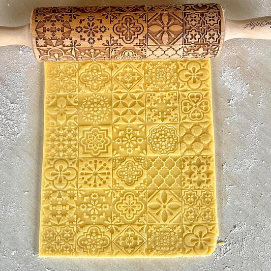PORTUGUESE TILES Embossed Rolling Pin for Ceramic. Clay Roller and Ceramic Stamp for Embossing Pottery. Baking Gifts for Women by Algis Crafts for Embossed Cookies