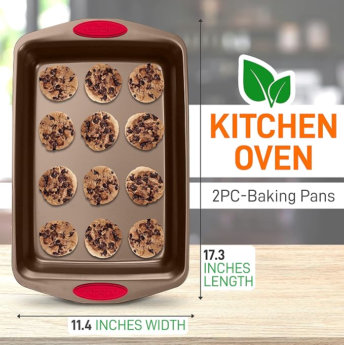 NutriChef 2-Piece Baking Pan Set - Premium Non-Stick Coating Carbon Steel Bakeware w/ Silicone Handles - PFOA, PFOS, PTFE Free Kitchen Oven Bake Tray, Cookie Sheets - Bronze, 17.3"x11.4"x1.2"