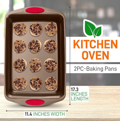 NutriChef 2-Piece Baking Pan Set - Premium Non-Stick Coating Carbon Steel Bakeware w/ Silicone Handles - PFOA, PFOS, PTFE Free Kitchen Oven Bake Tray, Cookie Sheets - Bronze, 17.3"x11.4"x1.2"