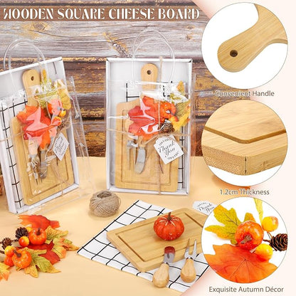 Kochorie 6 Sets Fall Baby Shower Favors 43 Pcs Wooden Square Cheese Board with Knives Forks Kitchen Towels Tags, Pre-Assembled Gifts for Fall Thanksgiving Party Supplies Winner Game Prizes