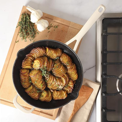 Martha Stewart Gatwick 12” Enameled Cast Iron Skillet, PFAS-Free, Linen White Exterior with Matte Black Enamel Interior, Rust Resistant, Oven Safe