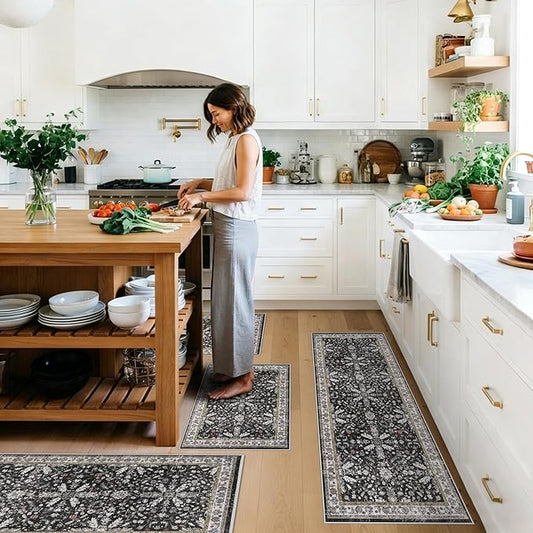 Kitchen Rug Sets 4-Piece with Runner – Washable Non-Slip Floor Mats for Sink, Entryway, Hallway, Bathroom – Soft Low-Pile Thin Boho Floral Rugs, New Home Decor (Black, 2x3+2x4+2x5+2x6)