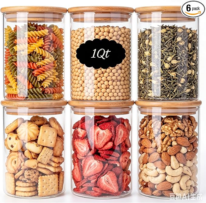 6-Pack 1Qt Round Glass Storage Jars with Bamboo Lids | Minimalist Kitchen Organizer,Pantry Storage Container,Food Storage Container,Scandinavian Style Storage,Nordic Style Storage