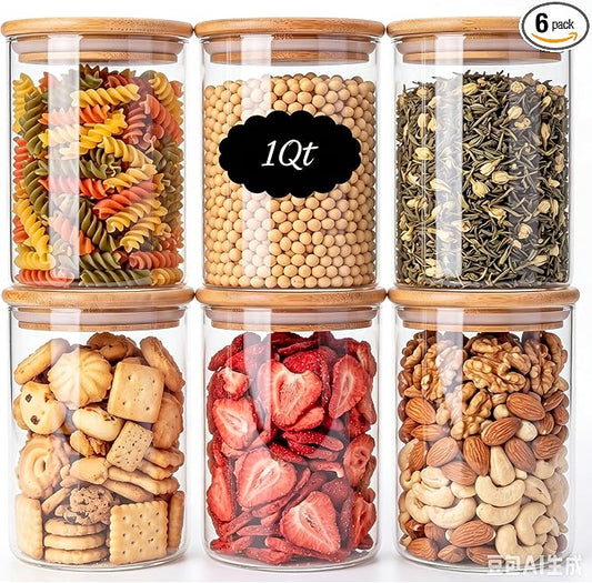 6-Pack 1Qt Round Glass Storage Jars with Bamboo Lids | Minimalist Kitchen Organizer,Pantry Storage Container,Food Storage Container,Scandinavian Style Storage,Nordic Style Storage