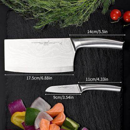 2 Pieces Knife Set Cleaver Knife and Paring knives,Stainless Steel Fruit Meat Knife with Damascus Pattern,Anti-Slip Hollow Handle