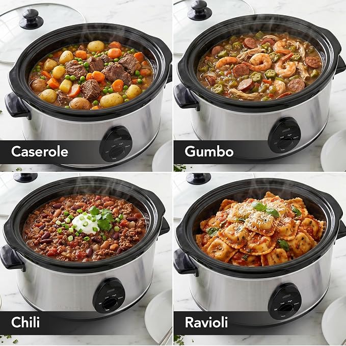 OVENTE Electric Slow Cooker with 3 Cooking Settings, Non-Stick and Dishwasher Safe Stoneware, Stainless Steel Body, Glass Lid, 3.7 Qt Oval Pot for Entrees, Soups, Sauces, Stews & Dips, Silver SLO35ABR
