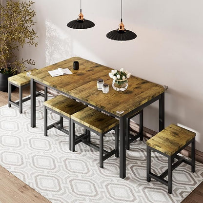 iPormis 7-Piece Dining Table Set with 6 Stools, 63" Extendable Kitchen Table Set for 4-8, Modern Dining Room Table with Sturdy Metal Frame, Space-Saving Dinette, Rustic Brown