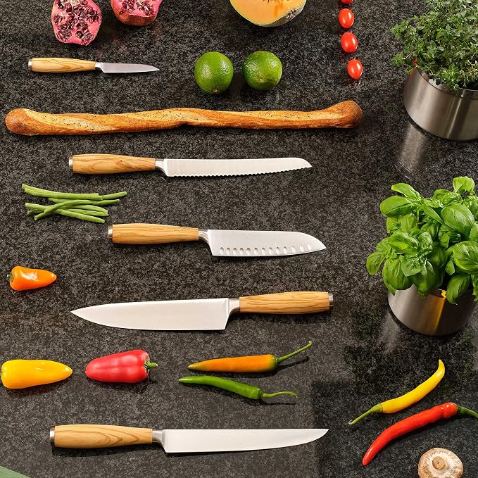 Rösle Artesano Forged Santoku Knife with Olive Wood Handle, Fluted Edges made for Fine Cutting Meat, Fish, and Vegetables, 6.5 in Blade