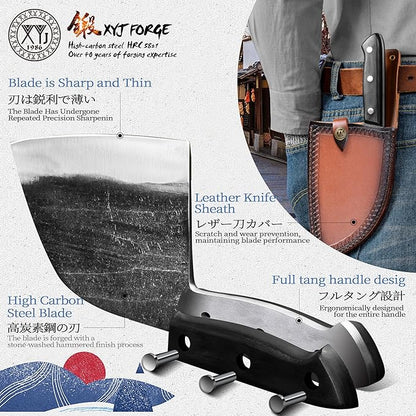 XYJ Authentic Since 1986,Outstanding Ancient Forging,6.7 Inch Full Tang,Serbian Chefs knife,Chef Meat Cleaver,Kitchen Knives,Set with Leather Sheath,Take Carrying,Butcher